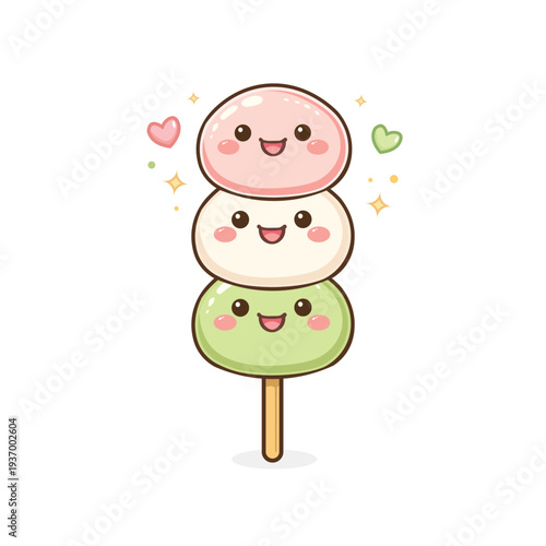 Adorable kawaii dango illustration featuring three pastel rice dumplings (pink, white, and green) on a wooden skewer with cute smiling faces.