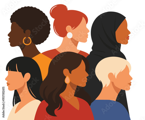 Modern flat vector illustration of women from different cultural backgrounds shown in side profile.