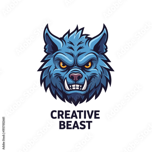Aggressive blue wolf head mascot illustration with sharp fangs and glowing eyes