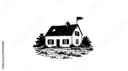 A monochrome illustration of a house with a flag, surrounded by bushes and grass