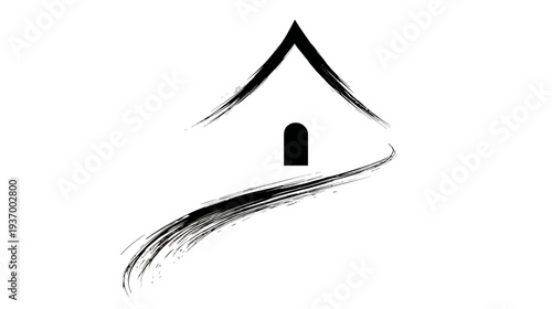 Stylized black and white drawing featuring a simple house shape. Abstract strokes form lines