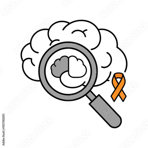 Brain health awareness vector illustration with magnifying glass and orange ribbon