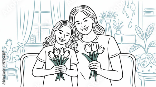 Mother and daughter holding tulips smiling indoor scene with plants family bonding love care warmth happiness spring flowers