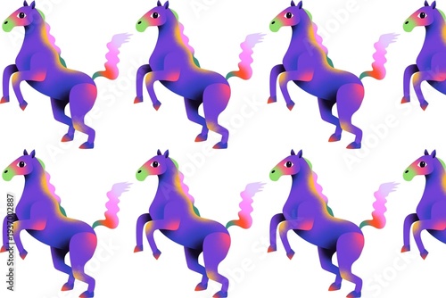 Vibrant purple horses with rainbow manes prance dynamically on white background