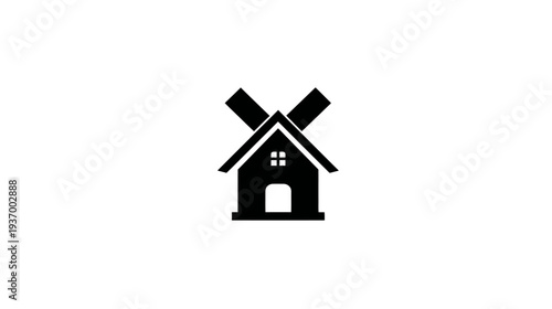 Black and white minimalist illustration of a house with windmill-style blades on top