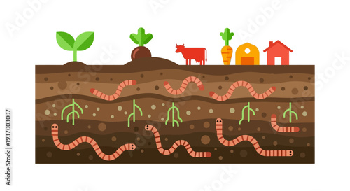 Earthworms in Soil Cross-Section promoting Healthy Agriculture, Farm Ecology, and Organic Farming Illustration