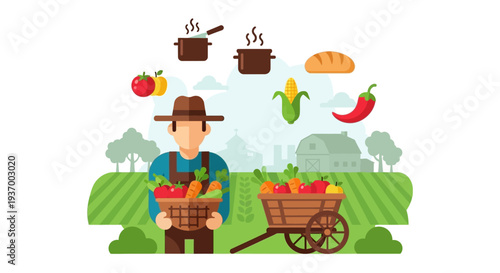 Farmer Harvesting Fresh Organic Vegetables. Flat Design Illustration of Farm to Table Food Production Cycle with Cooking and Crop Icons.