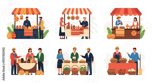 Collection of Farmers Market Stalls, Vendors Selling Fresh Produce, Pottery, and Handmade Crafts. Flat Vector Illustration Set.