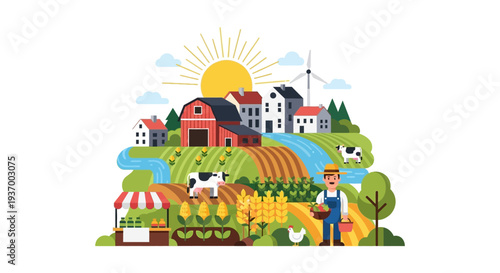 Rural Farm Landscape Flat Vector Illustration. Sustainable Agriculture Scene with Farmer, Crops, Barn, Livestock, River, and Village Community.