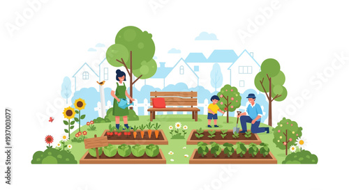 Family Gardening in Suburban Backyard. Parents and Son Planting and Growing Organic Vegetables in Raised Beds. Home Hobby Illustration.