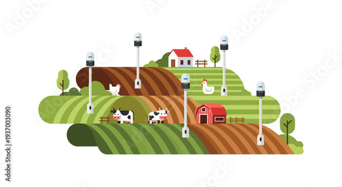 Smart Farming and Precision Agriculture Concept. IoT Sensors Monitoring Livestock, Crops, and Fields on a Modern Digital Farm.