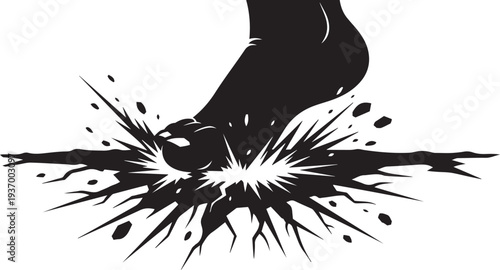 Black Silhouette Foot Crushing Ground with Explosive Impact and Debris Isolated