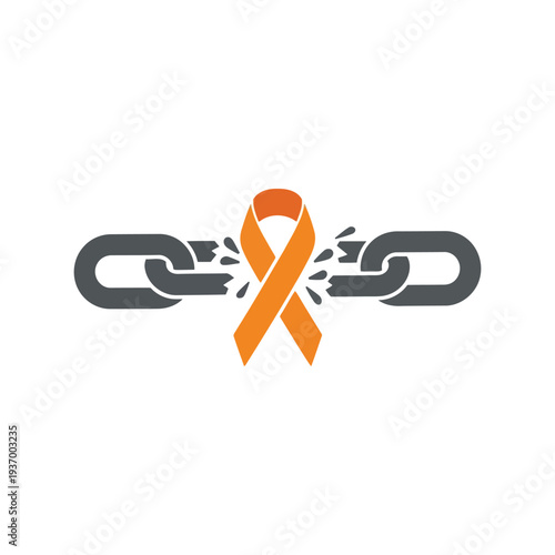Orange Ribbon Breaking Chain Vector Symbol for Awareness, Support, and Freedom Concepts