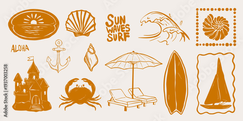 Hand drawn summer beach set with wave, surfboard, seashell, anchor, sailboat and sandcastle. Vector illustration.