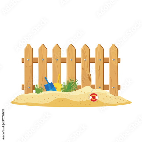 Wooden fence on beach sand with toys and life preserver