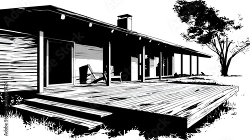 A black and white illustration of a house with a deck and a large tree in the background