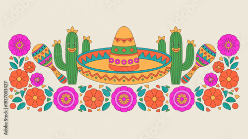 Vibrant mexican sombrero with cacti flowers and maracas on beige background festive holiday decoration