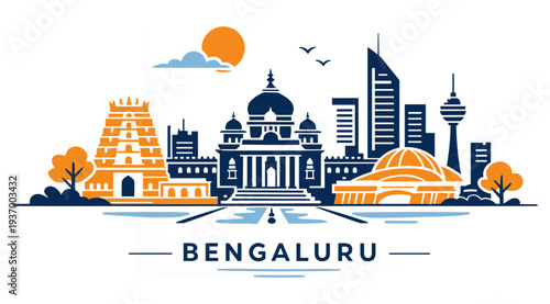 Bangalore City Skyline Karnataka India Travel Landmark Flat Vector Illustration