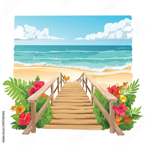 Wooden boardwalk leading to the beach with ocean and tropical flowers
