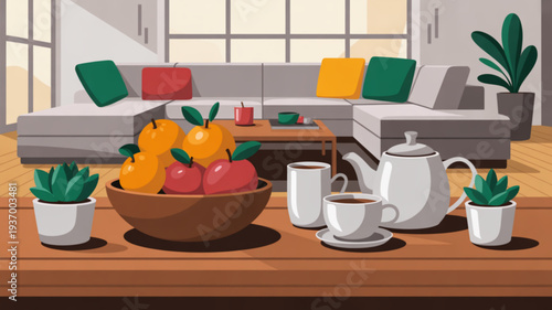 Cozy living room scene with coffee table fruit bowl tea set and potted plants on a sunny day with soft natural light