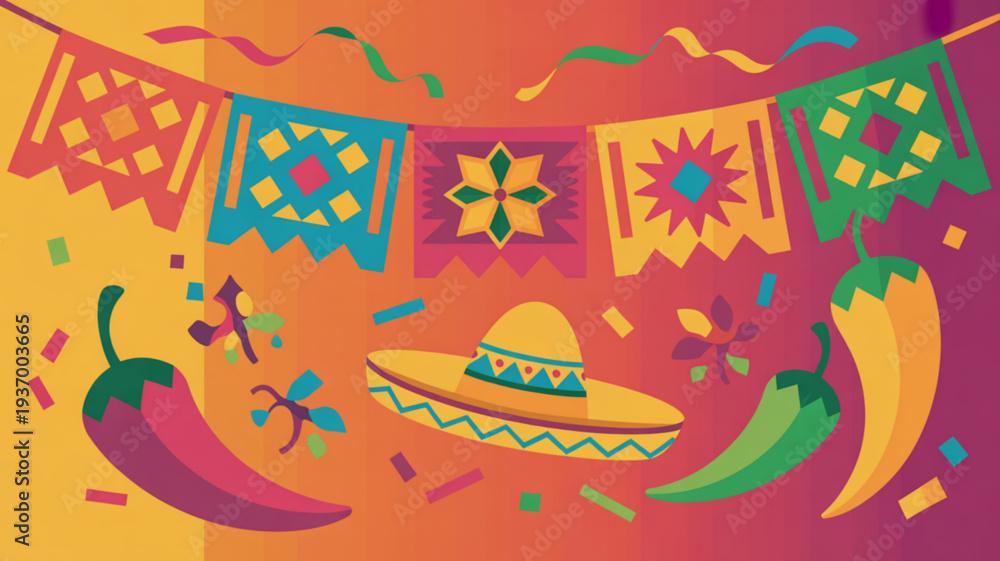 Naklejka premium Vibrant mexican fiesta decoration with chili peppers sombrero and colorful paper banners against a gradient background