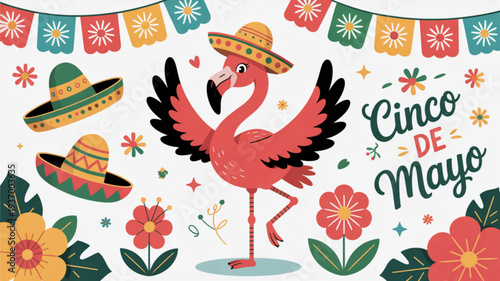 Vibrant pink flamingo in sombrero celebrates cinco de mayo with colorful flowers and festive decorations