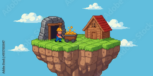 Pixel art floating island with mine entrance, worker, and resource cart designed for mining games, idle games, and mobile game environments