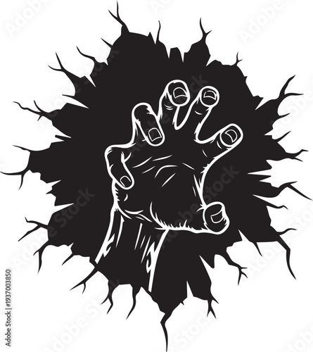 Hand Reaching Through Crack in Wall Grabbing Horror Concept Stock Illustration