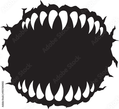 Monster Mouth Silhouette with Sharp Teeth Horror Concept Black and White Graphic
