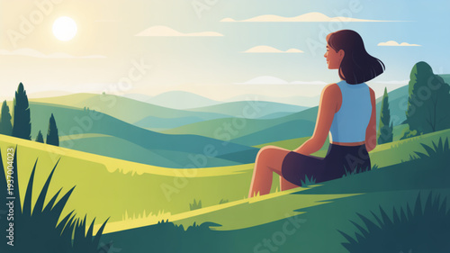 Woman sitting on green hillside overlooking serene landscape with rolling hills trees and sunny sky