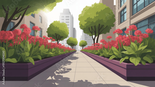 Vibrant city garden with pink flowers and green trees on sidewalk between buildings