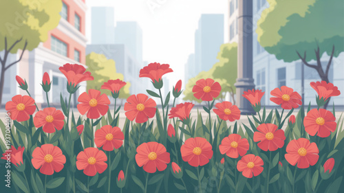 Vibrant pink flowers bloom in urban garden with green trees and city buildings background