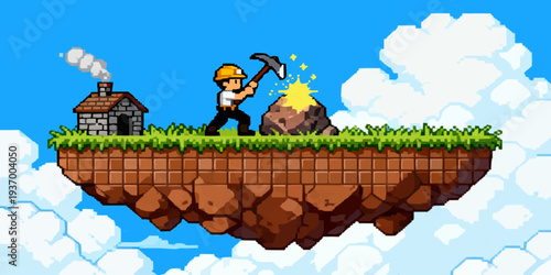 Pixel art miner character extracting resources on floating island environment designed for mining games, idle games, and mobile game development.