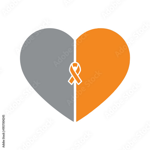 Multiple Sclerosis Awareness Heart Ribbon Vector Icon in Orange and Gray Colors
