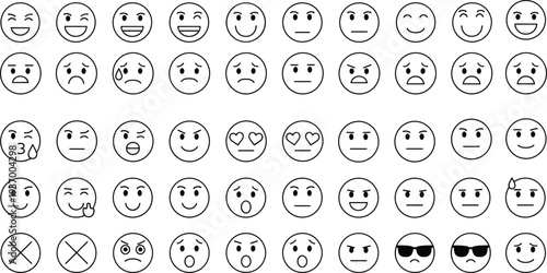 Emoji faces icons collection, emotional expressions, communication symbols, mood illustration, facial reactions, feelings design, cartoon emotions, digital interaction essentials