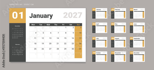 Set of 12 Pages Monthly Calendar Planner Templates on 2027 year. Vector mockup of a wall or desktop calendar organizer grid with the week starting on Monday ready print. Page for size A4 -21x29.7 cm