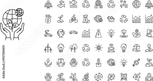 Environmental sustainability icons collection, renewable energy symbols, eco conservation graphics, green technology illustration, climate change awareness, ecological protection, global care design