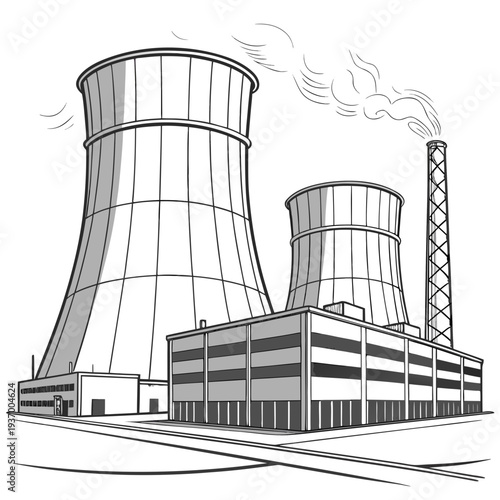 Cooling towers and industrial building complex with smokestack