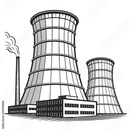 Cooling towers and industrial buildings with smokestack