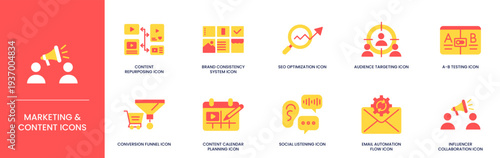 Marketing and Content Creation Duotone Icon Set for Social Media Strategy and Audience Targeting