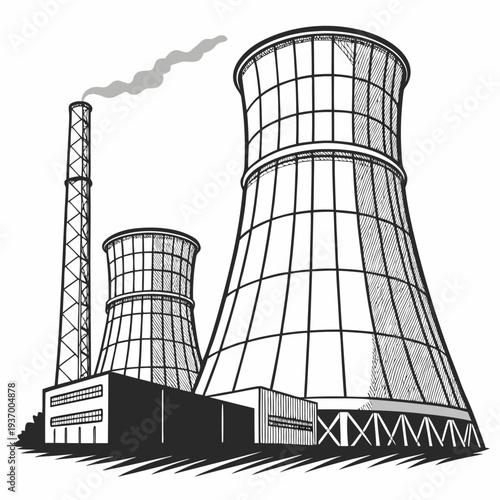 Nuclear power plant with cooling towers and smokestack 5