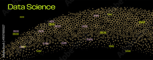 Golden circles arc across a black background with coordinate labels in this data-focused vector art. Conceptual vector illustration for data science and analytics themes.