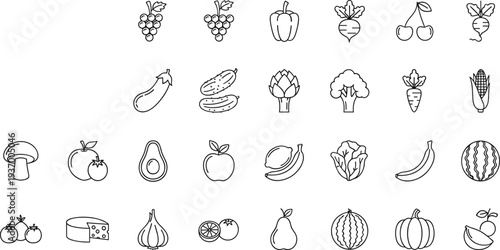 Fruit and vegetable icons collection, healthy food symbols, nutrition illustration, organic produce graphics, diet design, fresh eating essentials