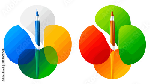 Two abstract graphic illustrations. Each features a colored pencil in the center, and intersecting colored shapes