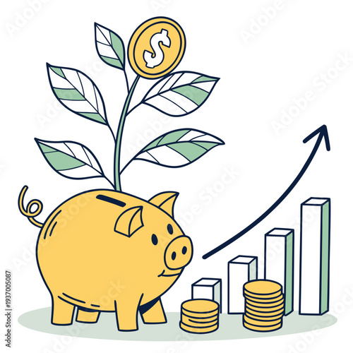 Piggy bank with plant and rising graph symbolizing savings growth  
