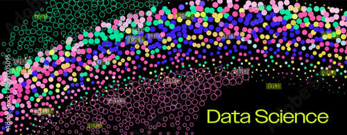 Colorful circles in rainbow hues form a dense wavy cluster with coordinate labels on black background in vibrant vector art. Conceptual vector illustration for data science and colorful data visualiza