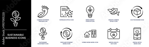 Sustainable Business Line Icon Set for Green Energy Eco Friendly Ethics and Circular Economy
