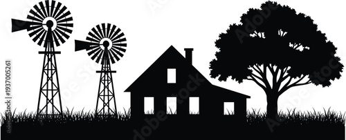 Farmhouse silhouette with windmills and tree on grass field, rural countryside landscape vector illustration, rustic farm house outline for ranch and agriculture theme design.