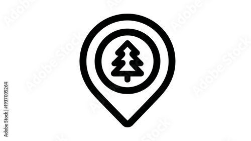 A black and white icon. A tree in the center of a locator pin, with concentric circles around it