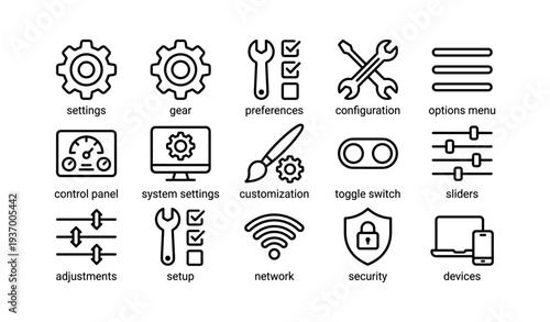 Settings and configuration icons for system customization and network security